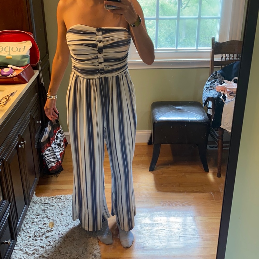 Blue and white striped wide leg jumpsuit